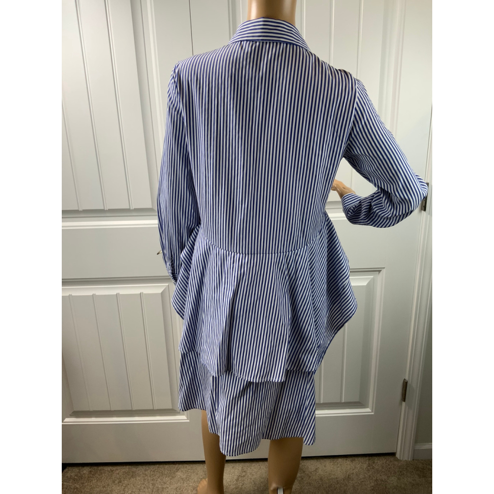 FX JC Women's Blue White Striped Peplum Collared Button Down Shirt Med High Low - Picture 10 of 13